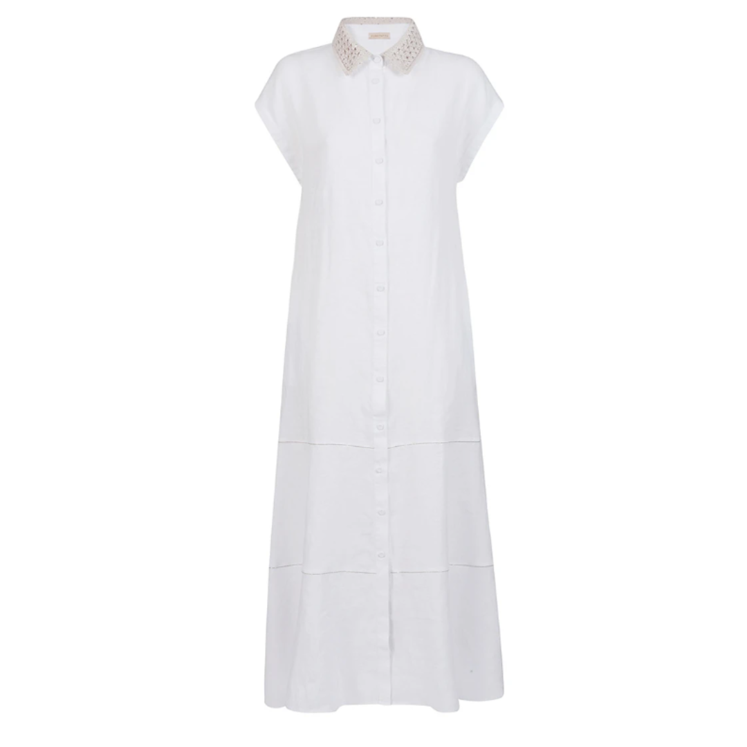 White Linen Dress with Crochet Collar 44 / White