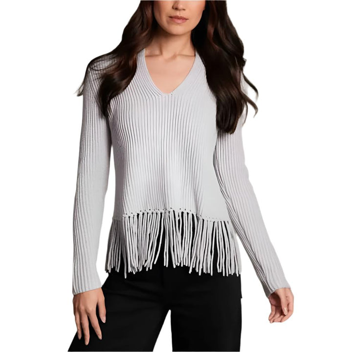 Fringe Merino Hanna Shaker V-Neck w Fringe