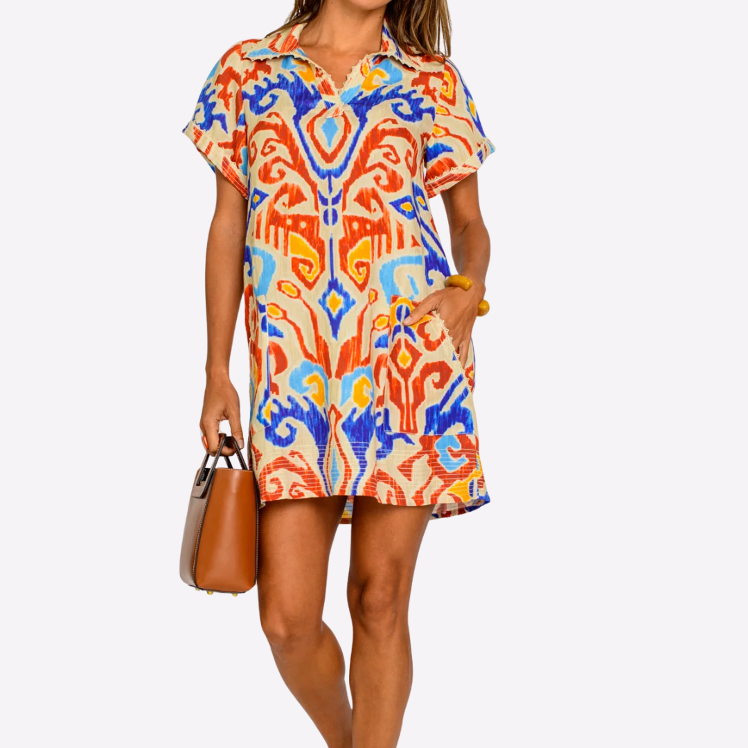 EJ Short Sleeve Taylor Dress Ikat Multi